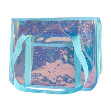 Imagem de TotePrint Bolsa de praia holográfica com estampa de estrelas - Bolsa feminina iridescente de PVC impermeável aprovada para estádios, Rosa + estrela, Large, Bolsa de praia