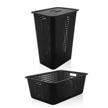 Imagem de Cesto Organizador De Roupas Grande E Caixa De Plástico Ou Preto Lavanderia Kte 007