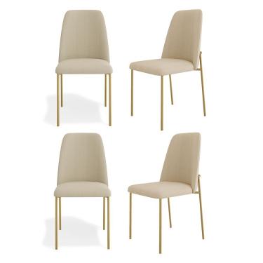 Imagem de Kit 04 Cadeiras Sala De Jantar Lior Com Encosto Estofado Base Dourada Linho Bege - Abmaza