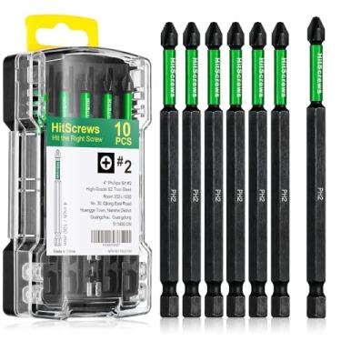 Imagem de Hitscrews PH2 Phillips Bits #2 – Pacote com 10 brocas de impacto extralongas de 10 cm, brocas de chave de fenda magnéticas de aço S2 para ferramentas elétricas e pistolas de parafuso
