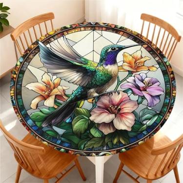 Imagem de Yesad Toalha de mesa redonda com borda elástica para mesa redonda de até 155 a 165 cm, capa de mesa impermeável para acampamento, interior, exterior, férias, verão, pássaros