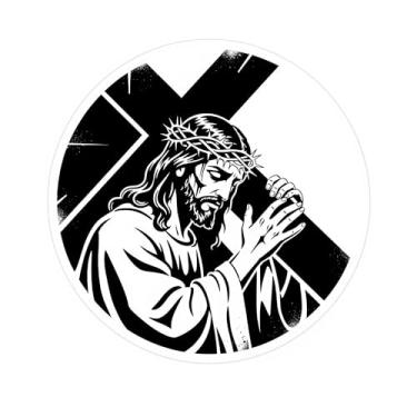 Imagem de Adesivo redondo Jesus carregando cruz, adesivo de Jesus, decalques de vinil de 10 cm para garrafas de água, laptop, janela de carro, capacete
