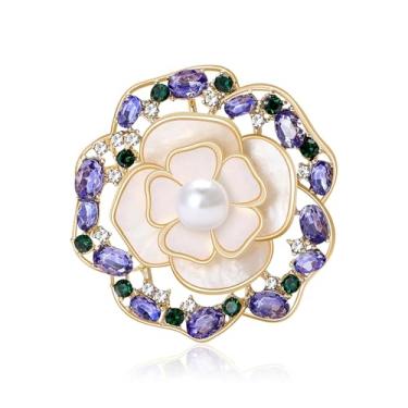 Imagem de LuvQaze Broche de flor para mulheres strass pérola zircônia flor lapela broche aniversário feriado presente para esposa namorada mãe, Cobre, Zirconita