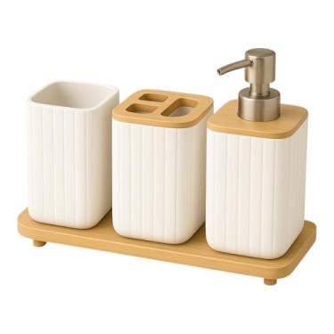 Imagem de Conjunto Premium para Banheiro Bambu Conjunto Para Pia de Banheiro Completo com 4 Peças, Porta Escova de Dentes, Dispenser para Sabonete Liquido, Copo e Bandeija de Bambu (Branco)