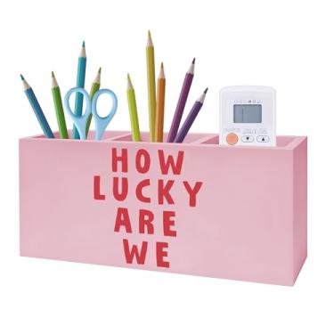 Imagem de Exqcom Suporte de pincel rosa com citações positivas, porta-escovas de dentes rosa rosa para banheiro de meninas, How Lucky Are We Porta-canetas, organizador para dormitório, quarto, mesa e acessórios