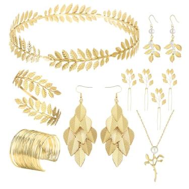Imagem de Zobnexts Conjunto de acessórios de fantasia de deusa grega para mulheres, faixa de cabeça de folha dourada, brincos de cabeça, colar, braço, braço, bobina, pulseira, acessórios de cabelo de noiva