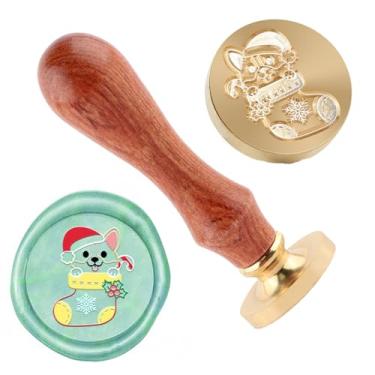 Imagem de Carimbo de lacre de cera de Natal carimbo de selagem de cachorro latão e uma alça de madeira carimbos cabeça para cartões de natal convites de festa carta envelope cartões de felicitações presentes