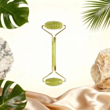 Imagem de Conjunto de 2 ferramentas faciais Gua Sha e rolo de jade, rolo facial de pedra natural para massagem corporal, coleção de ferramentas de massagem manual