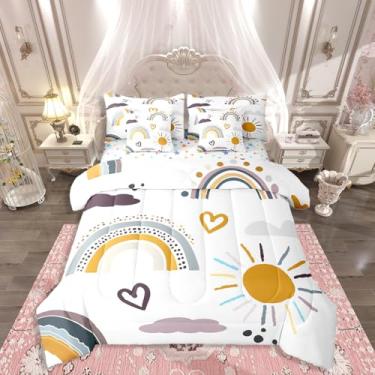 Imagem de Erosebridal Conjunto de cama solteiro para meninas, arco-íris, 7 peças, para crianças, sol e estrelas, estilo nuvem, para decoração de quarto de meninas e adolescentes, conjunto de cama de microfibra