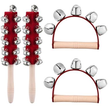 Imagem de 4 peças de sinos de trenó de Natal, sinos de mão de madeira com alças para música de férias, decoração de festa, presentes de aniversário, sinos festivos para celebração de Natal (vermelho)