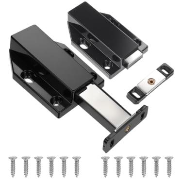 Imagem de Pacote com 2 travas magnéticas com 12 parafusos, trava magnética de empurrar para abrir, fecho firme com forte força de encaixe, adequado para armários de cozinha, armários e gavetas, preto