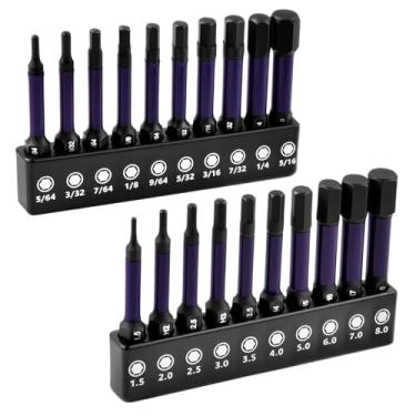 Imagem de Conjunto de 20 peças de brocas Allen de cabeça hexagonal de impacto métrico e SAE 1/10.2 cm, haste hexagonal S2, aço magnético, chave Allen