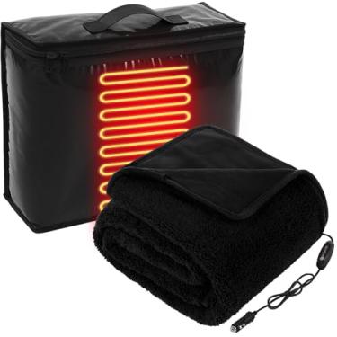 Imagem de Riakrum Cobertor elétrico de lã aquecido de 12 V com 2 níveis de aquecimento, bolsa de armazenamento USB para acendedor de cigarros, quente para carro, caminhão, SUV, trailer, acampamento e viagem