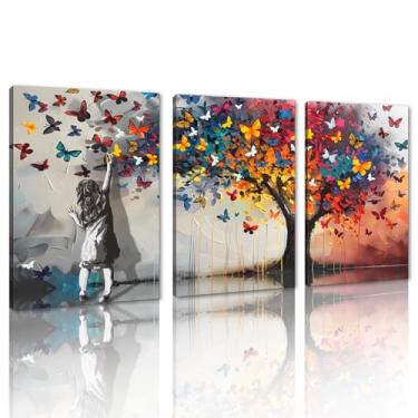 Imagem de MAMAGO Grande 3 peças grafite menina borboleta arte de parede abstrato Banksy Tree pintura colorida inspiradora menina pôster para quarto banheiro decoração de parede emoldurada pronto para pendurar