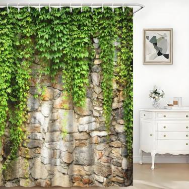 Imagem de TTQYFNM Ivy Vine Cortina de chuveiro folhas verdes parede de pedra rústica primavera plantas naturais folha casa de banho cortina de banheira impermeável tecido poliéster conjunto de cortinas de