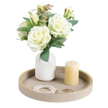 Imagem de Cretkhp Bandeja decorativa redonda para decoração de mesa de café, bandeja de mesa de centro de couro PU, acabamento dourado para decoração de casa, sala de estar, mesa de jantar, bandejas de perfume