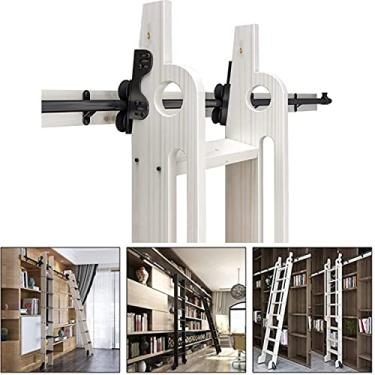Imagem de ASXCAQ Ferragens de escada deslizante telescópica de 1 m e 6 m, trilho de rolo de trilho de trilho de porta de celeiro redondo trilho de escada móvel para biblioteca/loft / casa (tamanho: kit de