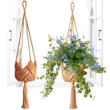 Imagem de Suporte para plantas de macramê | 2 cestas de plantas penduráveis – Cesta moderna de crochê para vasos de flores no teto, decoração de casa para janela e sala de estar