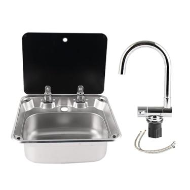 Imagem de JYXYXSCP Pia de aço inoxidável para trailer, pia de trailer, kit de pia de trailer, pia pequena para trailers ao ar livre com torneira dobrável quente e fria, bancada externa