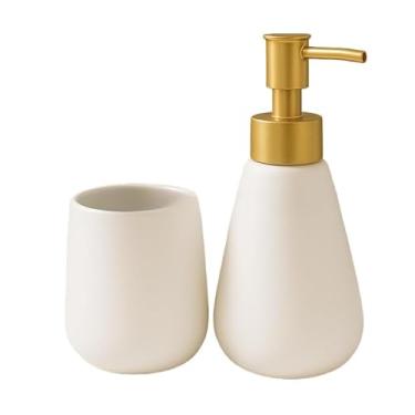 Imagem de Kit Banheiro de Cerâmica 2 Peças – Dispenser Porta Sabonete Líquido e Porta Escova de Dente | Ideal para Lavabo e Decoração Elegante(GOTA BRANCO C/DOURADO)