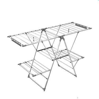 Imagem de Escorredor de roupas dobrável, grande espaço de secagem, resistente, 2 níveis, estável, suporte de lavanderia independente com asas de gaivota de altura ajustável