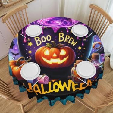 Imagem de Toalha de mesa redonda com caldeirão mágico roxo para Halloween, impermeável, lavável, 152 cm, capa de mesa circular, protetor de mesa para jantar, cozinha, festa, pátio, decoração interna e externa