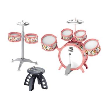 Imagem de Colaxi Conjunto de bateria infantil com banco, brinquedo musical, iluminação para presente de aniversário, crianças, Rosa