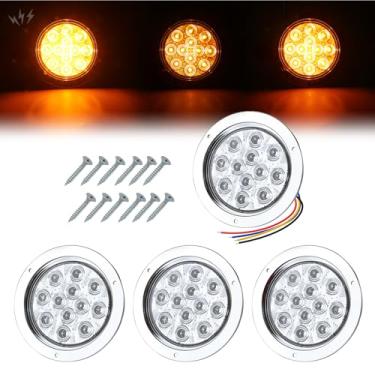 Imagem de TMH Luzes traseiras de reboque estroboscópicas LED âmbar de 10 cm, montagem embutida de 12 LEDs, moldura cromada, à prova d'água, luz estroboscópica sólida e intermitente, 12 V para caminhão, trailer