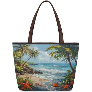Imagem de Bolsa grande feminina Starfish Palm Beach Sea Work Cloth Bags com zíper reutilizável mercearia bolsa casual viagem pernoite tote bolsas adequadas para viagens, trabalho, férias, praia, compras