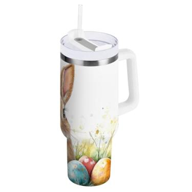 Imagem de ATTX Copo de coelho fofo da Páscoa de 850 g com alça, copo de aço inoxidável a vácuo de parede dupla com palha, caneca de café de viagem isolada #36