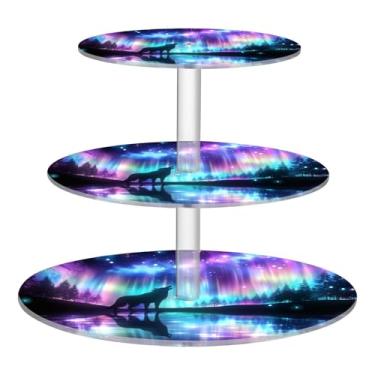 Imagem de Blueangle Suporte redondo de cupcake de 3 camadas – Torre de sobremesa de acrílico Aurora Boreal Lobo, suporte de sobremesa em camadas antiderrapante para chá de bebê, aniversário, festa de casamento
