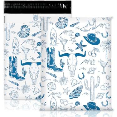 Imagem de JarThenaAMCS 100 peças Western Cowboy Poly Mailers 25,5 x 33,5 cm azul costeiro botas de rodeio conchas de cacto sacos de embalagem sacos de envelope de correspondência autoselo para roupas de verão
