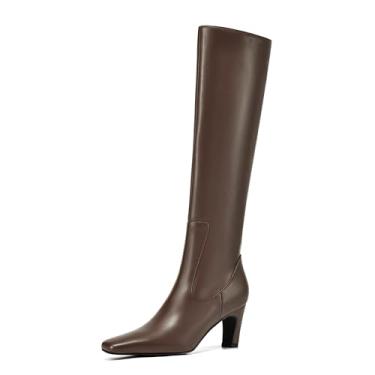 Imagem de TEAIEUI Botas de cano alto femininas de bico quadrado, salto grosso, botas longas, vestido com zíper lateral, botas modernas, Marrom, 37