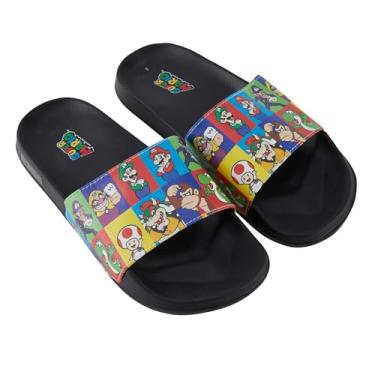 Imagem de Nintendo Sandália masculina Mario Slide – Sapatos Super Mario – Mario, Luigi, Kirby e Donkey Kong, Arco-íris preto, 8-9