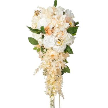 Imagem de Buquês em cascata de rosa branca champanhe de 25 cm para noiva, pérola, outono, casamento, flor de seda artificial, boho, rústico, vintage, cerimônia, aniversário, buquê