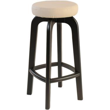 Imagem de Banqueta Banco Alto Bar Em Madeira Maciça Preto Assento Redondo Corino Off White