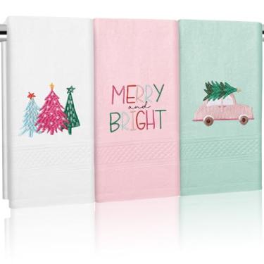 Imagem de JarThenaAMCS 3 Pçs Toalhas de Mão de Natal Algodão Bordado Toalha de Banho Rosa-Verde Árvore de Natal Caminhão Toalha de Prato Absorvente para Secagem Limpeza Cozinha Conjunto de Presente