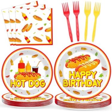 Imagem de 96 peças de pratos e guardanapos de papel para festa de aniversário com tema de fast food para artigos de festa temática de cachorro-quente, pratos de sobremesa, piquenique, churrasco, utensílios de