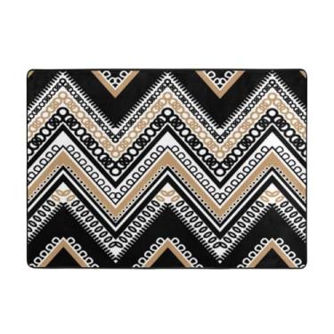 Imagem de Tapete em ziguezague preto e branco caramelo 58 x 80 polegadas (4,84 x 6,67 pés), tapete de área de sala de estar moderno lavável, tapete luxuoso de absorção de água, tapetes macios antiderrapantes