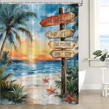 Imagem de Cortina de chuveiro com palmeira tropical, oceano, praia, litoral, pôr do sol, citações inspiradoras, arte náutica, aquarela, natureza, cenário litorâneo, cortina de banho com ganchos