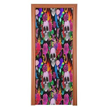 Imagem de Qilmy Decoração de capa de porta 91 x 248 cm tecido grande placa de decoração de festa de Halloween para porta da frente Halloween crânio varanda decoração externa janela parede 790