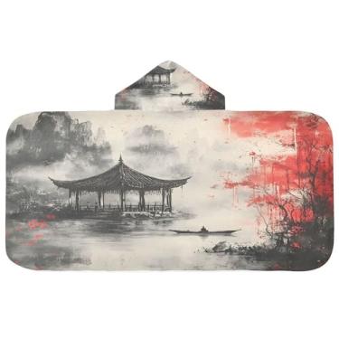 Imagem de Burbuja Toalha de banho com capuz de pintura a tinta chinesa para crianças, toalha de praia de pelúcia absorvente macia para meninas e meninos 3-10 anos, 61 x 127 cm