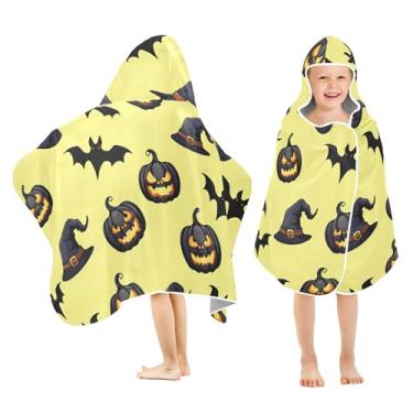 Imagem de Burbuja Abóboras chapéus de bruxa morcegos toalha de banho com capuz para crianças, toalha de praia de pelúcia macia absorvente para meninas e meninos 3-10 anos, 61 x 127 cm