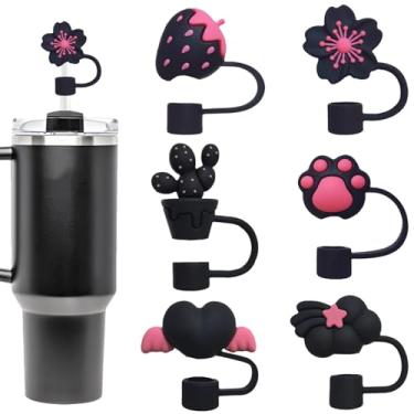 Imagem de Mocbovni 6 peças de topo de palha 3D, coração de flor de morango, serve para canudos de 10 mm, capas de palha de silicone macio, compatível com copo Stanley de 30 e 1,134 g, tampas reutilizáveis e