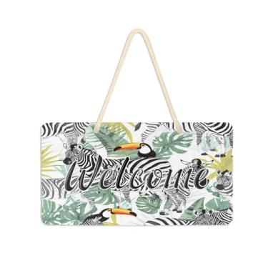 Imagem de Burbuja Placa de boas-vindas de folhas tropicais Zebras para porta da frente, placa de boas-vindas de PVC para decoração de férias de casa de fazenda, 15 x 28 cm
