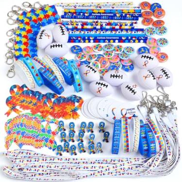 Imagem de Hollowfly 400 peças de suprimentos de conscientização do autismo, pulseiras de silicone, chaveiros, lápis, recortes, colhedores, botões, alfinetes, adesivos de rúgbi, para conscientização do autismo