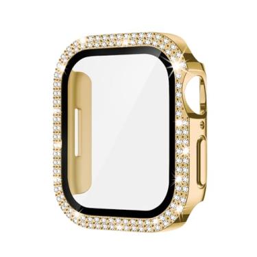Imagem de Capa de diamante de fileira dupla compatível com Apple Watch 46 45 44 42 41 40 mm com protetor de tela integrado para séries 11/10/9/8/7/6/5/4/3 (dourado, série 7/8/9 45 mm)
