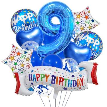 Imagem de Conjunto de decoração de 9º aniversário, balão de 9º coração azul, balão colorido de feliz aniversário de 9 anos para meninas, meninos, crianças, adultos, artigos de festa, meninos azul número 9