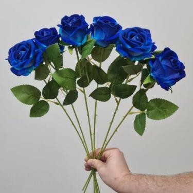 Imagem de Kit 6 Rosas Aveludadas Azuis Realistas com Folhas Artificiais para Decoração de Casa – Flores Falsas para Arranjo Floral e Jardim Vertical(Azul)