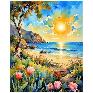 Imagem de Kit de pintura de paisagem costeira por números para adultos - DIY praia com flores rosa e pôr do sol em tela 40,6 x 50,8 cm, conjunto de tinta acrílica, adequado para iniciantes, arte para decoração